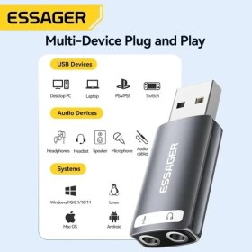 Resim Essager USB To 3.5mm Harici Ses Kartı CE/FC/ROHS Lisanslı Dönüştürücü Çevirici Çok Fonksiyonlu Mikrofon Kulaklık Hoparlör Ses Ara Birimi 