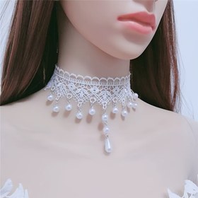 Resim Eşsiz Vintage İlhamlı Beyaz Dantel Kolye ile Sallanan İnciler - Ayarlanabilir, Düğünler, Partiler ve Günlük Giyim için Mükemmel, Gelin Takıları 