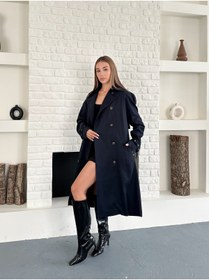 Resim Femistik Kadın Kruvaze Cepli Kemerli Uzun Lacivert Trençkot 