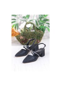 Resim Fort 110-411 Saten Simli Taşlı Arkası Açık Klasik Topuklu Kadın Ayakkabı Siyah 