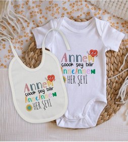 Resim Bitmeyenkartus Bk Kids Annem Çok Şey Bilir Tasarımlı Bebek Body Zıbın Ve Mama Ön Çok Renkli 