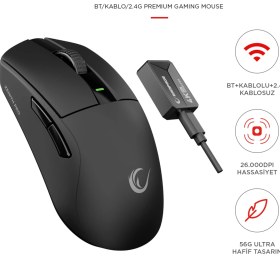 Resim Rampage ZENITH PRO 4K BT+Wired+2.4G Siyah Kablosuz PAW3395 NORDIC 52833 MCU Gaming Oyuncu Mouse 