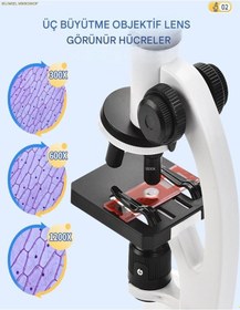 Resim 2 Li Set Çocuk Eğitici Biyolojik Mikroskop Kiti Zoom Led Işıklı 100x 400x 1200x St1200x Siyah 