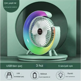 Resim Masaüstü Vantilatör USB Şarjlı Rgb LED Işıklı 3 Kademeli 180° Ayarlanabilir Soğutucu Fan Yeşil 