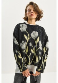 Resim Shade Kadın Bisiklet Yaka Çiçek Desenli Şardonlu Oversize Triko Kazak 4915 60283587 - Siyah 