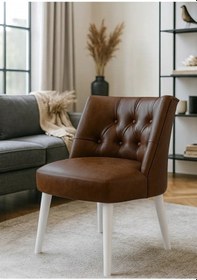 Resim Waterybrook Berjer Sandalye - Kapitoneli Suni Deri - Beyaz Ahşap Ayaklı - Retro Modern Tasarım Acı Kahverengi 