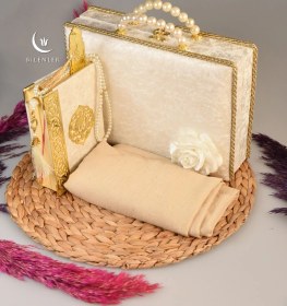 Resim İnci Ahşap Kadife Kutulu Kur'an-ı Kerim Çeyizlik-hediyelik Set Krem Renk 