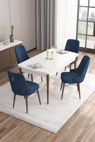 Resim Canisa Are Serisi Mdf 80x132 Açılabilir Beyaz Masa Ceviz Ayak Masa Takımı Ve 4 Lacivert Sandalye 