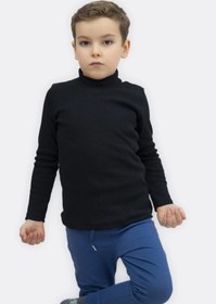 Resim Lushen Likralı Yarım Balıkçı Yaka Uzun Kol Unisex Çocuk Siyah Body 
