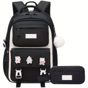 Resim Kawaii Sırt Çantası Kızlar için Uygun, Sevimli Okul ve Lise Üniversite Kitap Çantası ile Kalem Tutucu 2'li Set, Moda, Seyahat, Yürüyüş, İş. Bej, Pembe, Mor, Klasik Siyah 