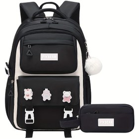 Resim Kawaii Sırt Çantası Kızlar için Uygun, Sevimli Okul ve Lise Üniversite Kitap Çantası ile Kalem Tutucu 2'li Set, Moda, Seyahat, Yürüyüş, İş. Bej, Pembe, Mor, Klasik Siyah 