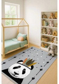 Resim Sevimli Panda Çocuk Odası Halısı Gri 
