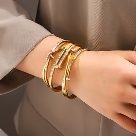 Resim 3'lü Set Lüks Paslanmaz Çelik Bileklik, Altın Kaplama Taşlı Kadın Bilezik Takımı, Klasik Kol Aksesuarı, Mükemmel Eşleştirme Kombosu, Zarif Tatil Hediyesi 