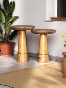 Resim ASELYA HOME Doğal Ahşap 2'li Set Gold Detaylı Mantar Yan Sehpa Modern Fiskos Zigon Çiçeklik 