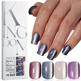 Resim 120 adet Kedi Gözü Takılabilir Tırnaklar Tam Yapışkan Uzun Ömürlü Mavi Kırmızı Gümüşümsü Üzüm Yapay Tırnaklar Yeniden Kullanılabilir Kısa Kare Kedi Gözü Tırnak Levhaları 