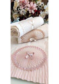 Resim Annem 3.lü Set Çeyizlik 50x90 Cm. Kadife Doku Piliseli Dantelli El Ve Yüz Lüks Havlu Seti krem 