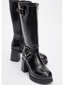 Resim Luvishoes Luvi Shoes Rock Siyah Cilt Tokalı Fermuarlı Kadın Platform Topuklu Çizme Siyah 