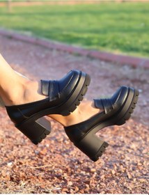 Resim Asmi Shoes Kadın Tokasız 8 Cm Loafer Model Topuklu Ayakkabı Siyah Cilt Siyah 