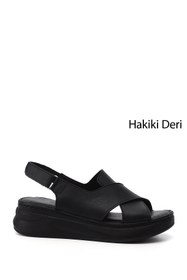 Resim GÖNDERİ(R) Kadın Siyah Cırt Bantlı Dolgu Topuk Hakiki Deri Comfort Sandalet 
