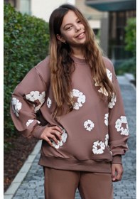 Resim Locoloco Kız Çocuk Sweatshirt Çiçek Baskılı 9-14 Yaş, Kahverengi Kahverengi 