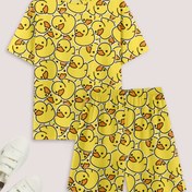 Resim Ördek baskılı yuvarlak yaka kısa kollu ve şortlu pijama takımı 