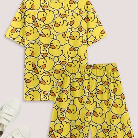 Resim Ördek baskılı yuvarlak yaka kısa kollu ve şortlu pijama takımı 