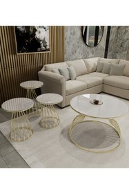Resim Puklife 4 Lü Kuğu Zigon Ve Orta Sehpa Takımı Gold Ayak Beyaz Cam 