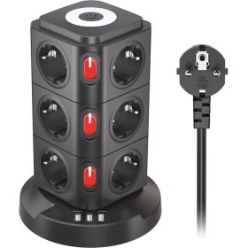 Resim Smayling Akım Korumalı 12 Prizli Çoklu Uzatma Kablosu - 3 USB Girişli, Anahtarlı, Kule Tipi, 2 Metre Wireless Kablosuz Şarj 