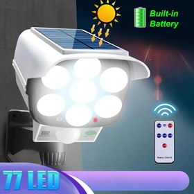 Resim 2'li Paket Taklit Güneş Enerjili LED Spot Işıklar, Hareket Sensörlü İzleme Aydınlatması - 77 LED, Uzaktan Kumanda Dahil, Veranda, Bahçe, Avlu için Akıllı Güvenlik Lambası - Yerleşik Lityum Pil, Kolay Kurulum, Dış Mekan Güneş Enerjisi 