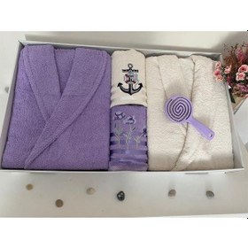 Resim Çeyizlik Aile Bornoz Seti 4 Parça Lila - Krem Çok Renkli 