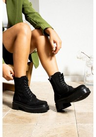 Resim Shoetek Aracelia Kadın Bot&bootie Bağcıklı Postal Siyah Süet Siyah Suet Siyah 