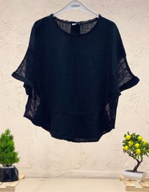 Resim sahnemoda Yanları Fileli Oval Kesim Keten Bluz 