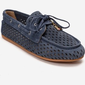 Resim Luvishoes Stevo Kot Mavi Süet Hakiki Deri Delikli Bağcıklı Kadın Loafer Ayakkabı 