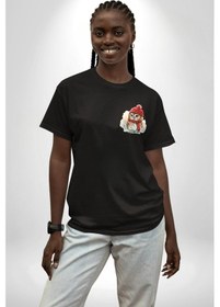 Resim Kış Kırmızı Atkı Bere Baykuş Siyah Oversize Unisex Ön Sol Yan Minimal Baskılı Tişört Koyu Siyah 