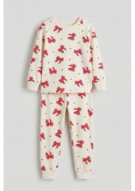Resim Ekru Renk Kırmızı Fiyonk Baskılı Kız Çocuk Pijama Takımı Ekru 