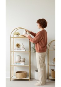 Resim İkili Dekoratif Raf Mobilya Kitaplık Dekoratif Metal Mobilya Gold 4 Raflı Kitaplık Altın 