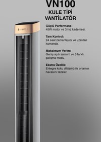 Resim Dijitsu VN100 Kule Tipi Vantilatör - 45W, Zaman Ayarlı, 3 Hız Kademeli, Koku Difüzörü, Uzaktan Kumandalı, Geniş Salınım 