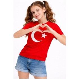 Resim Barlashive Kız Çocuk Tişört Bisiklet Yaka Ay Yıldız Bayrak Baskılı T-shirt - Kırmızı Çok Renkli 