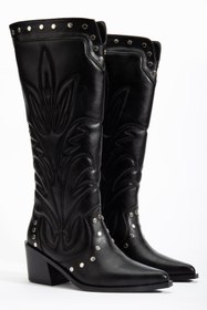 Resim DENORA Siyah Mat Deri Nakışlı Zımbalı Sivri Burun Kovboy Western Bot Çizme 