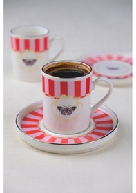 Resim Tabak Evi Porselen Butterfly Collection Altın Yaldızlı Kahve Fincanı 85cc Kırmızı 2 Li Çok Renkli 