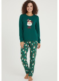 Resim Luxury Thermal Noel Baba Desenli Kadın Polar Kışlık Pijama Takımı 42060 Yeşil 
