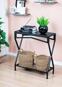 Resim DEKORATİF METAL DRESUAR SİYAH AHŞAP RAFLI STAND ÇOK AMAÇLI SALON VE HOL RAFI 