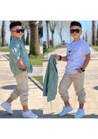Resim Modavals Cep Ve Kol Detaylı Düğmeli Ceket Baskılı Tişört Ve Kargo Pantolon 3 Parça Erkek Çocuk Takım-589274601 Yeşil 