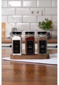 Resim Mienda Home 3'lü Ahşap Standlı Cam Baharatlık Seti Siyah Kapaklı Etiketli Baharatlık Mh01syh03 Siyah - Şeffaf 
