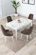 Resim Canisa Concept Lia Serisi 80x132 Açılabilir Mutfak Masası Takımı Beyaz Mermer Desen Masa 4 Kahverengi Sandalye 