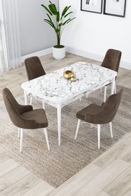 Resim Canisa Concept Lia Serisi 80x132 Açılabilir Mutfak Masası Takımı Beyaz Mermer Desen Masa 4 Kahverengi Sandalye 