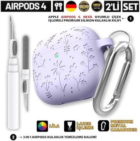 Resim AirPods 4. Nesil Uyumlu Çiçek İşlemeli Premium Silikon Kulaklık Kılıfı ve 3'ü 1 Arada Bluetooth Kulaklık Temizleme Kalemi Seti (Lila) 