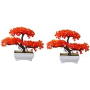 Resim Crackedice 2 Adet Yapay Bitki Bonsai Plastik Küçük Ağaç Saksısı, Akşam Kırmızısı 