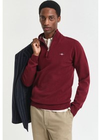 Resim Erkek Regular Fit Fermuarlı Yaka Yün Kazak - Bordo Plumped Red 