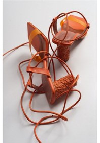 Resim Luvi Shoes Tanya Turuncu Cilt Şeffaf Bantlı Bağcıklı Kadın Topuklu Sandalet Turuncu 